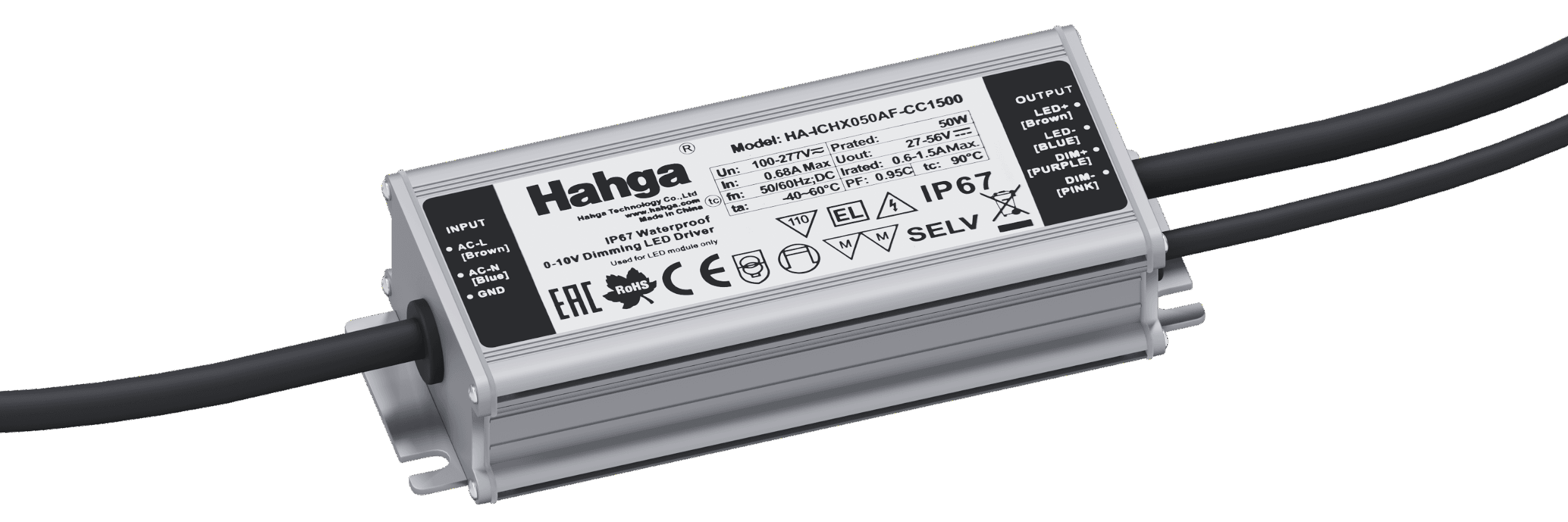 Драйвер Hahga 600-1500mA 27-56V 50W 132*52*28 IP 67 0-10 V Dimming