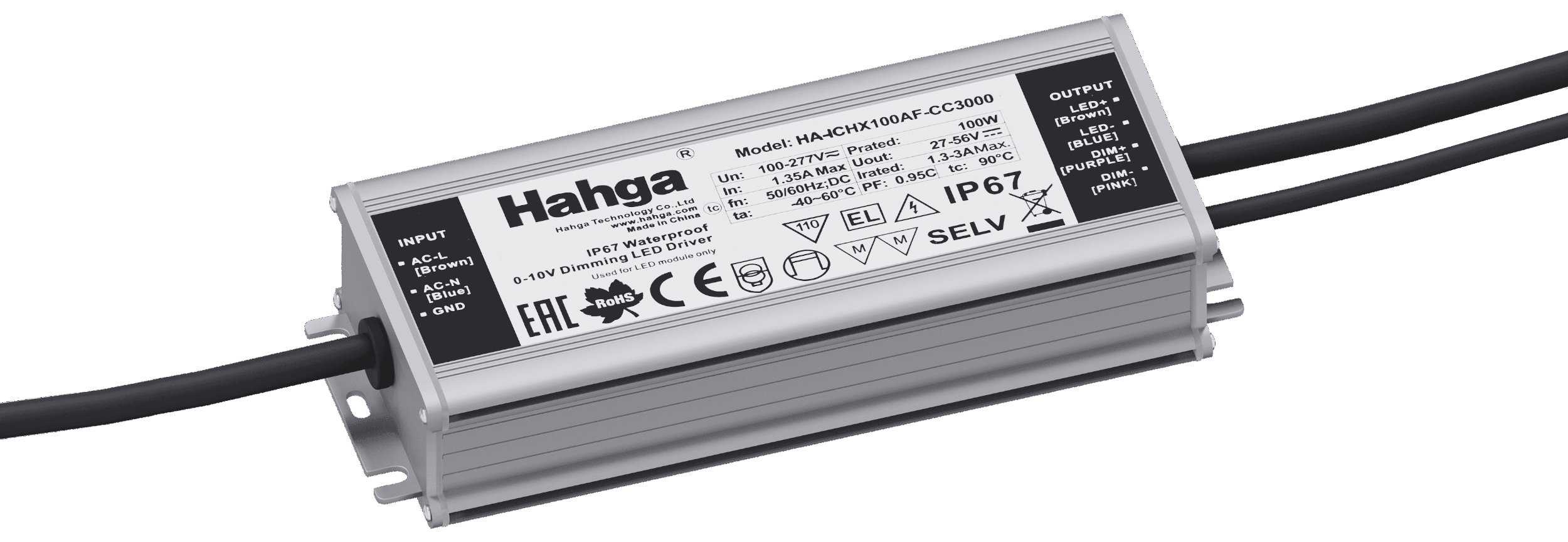 Драйвер Hahga 1300-2800mA 27-56V 100W 167*61*33 IP 67 0-10 V Dimming