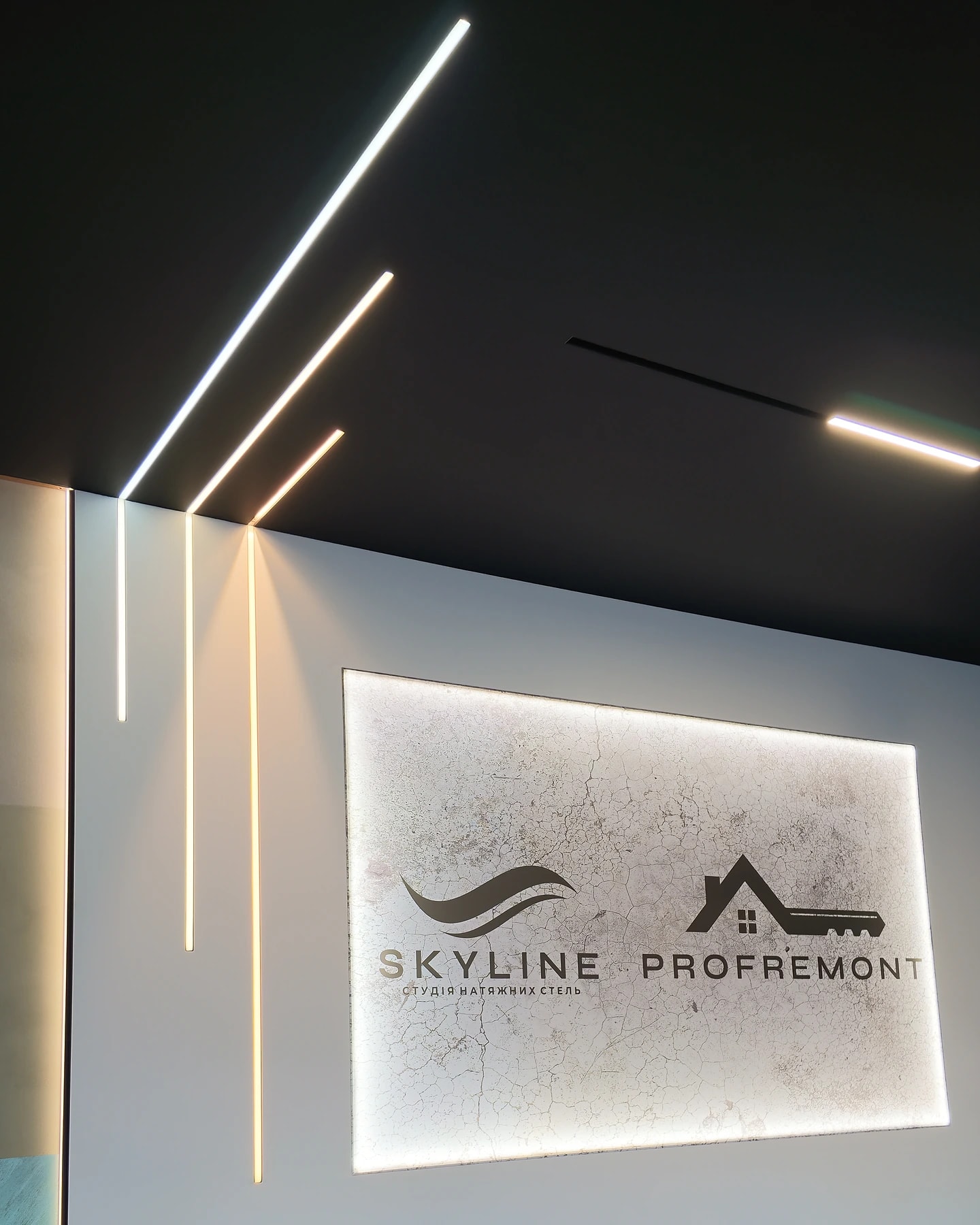 Зал шоурума Skyline: световые линии в чёрном потолке и подсвеченная стена с логотипом